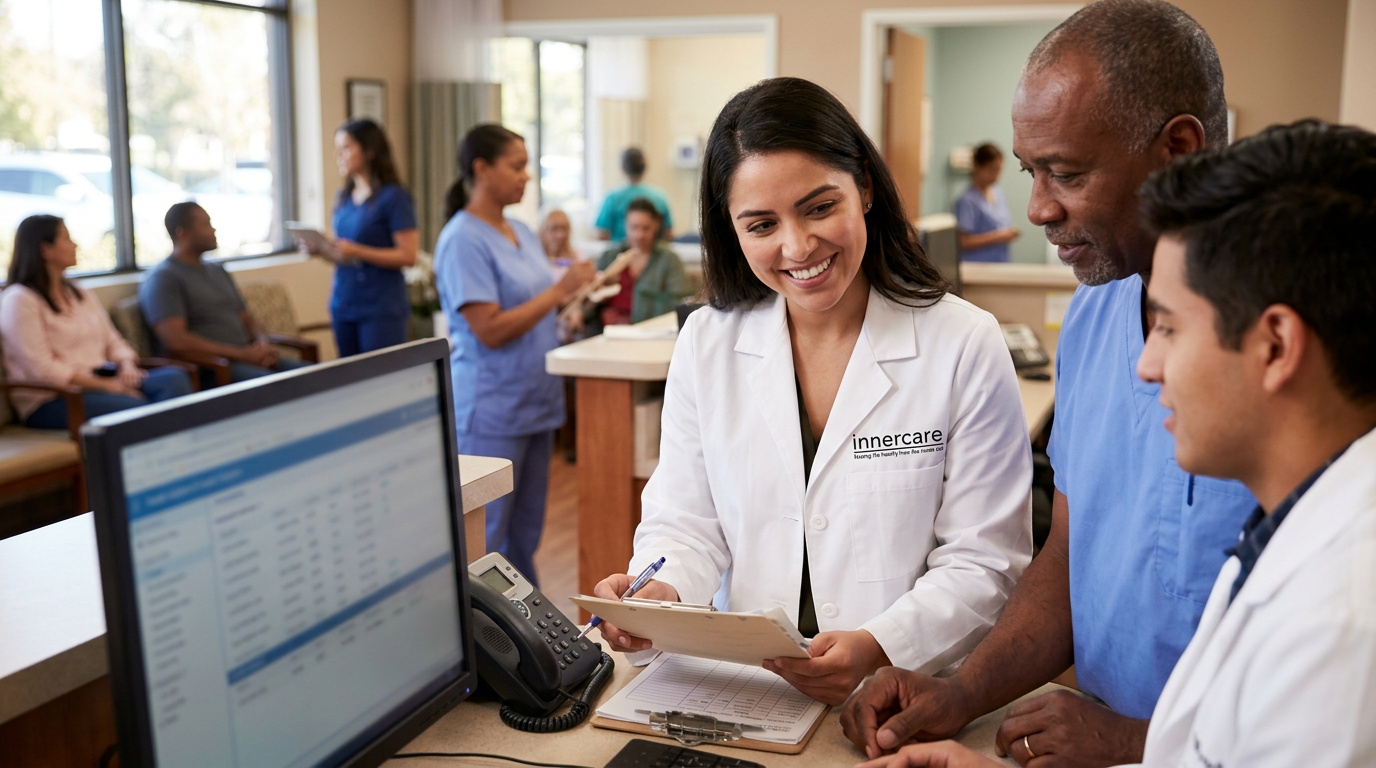 Innercare physicians collaborating at a clinic workstation