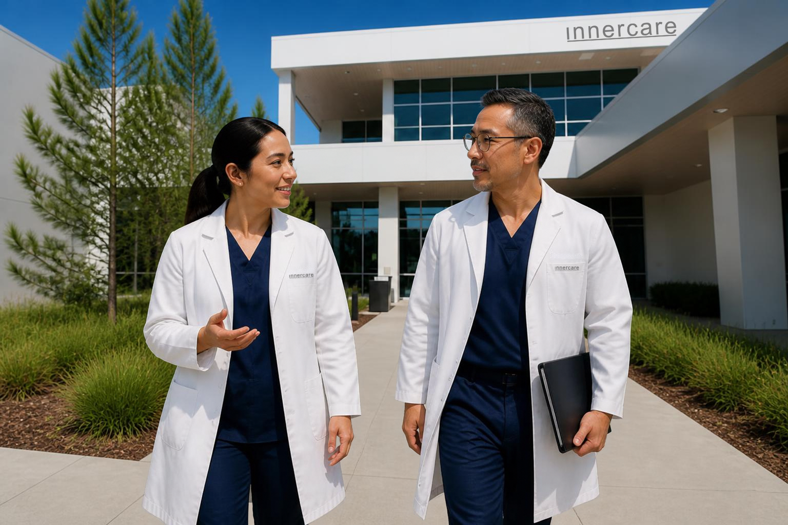 Two Innercare physicians walking outside an Innercare clinic
